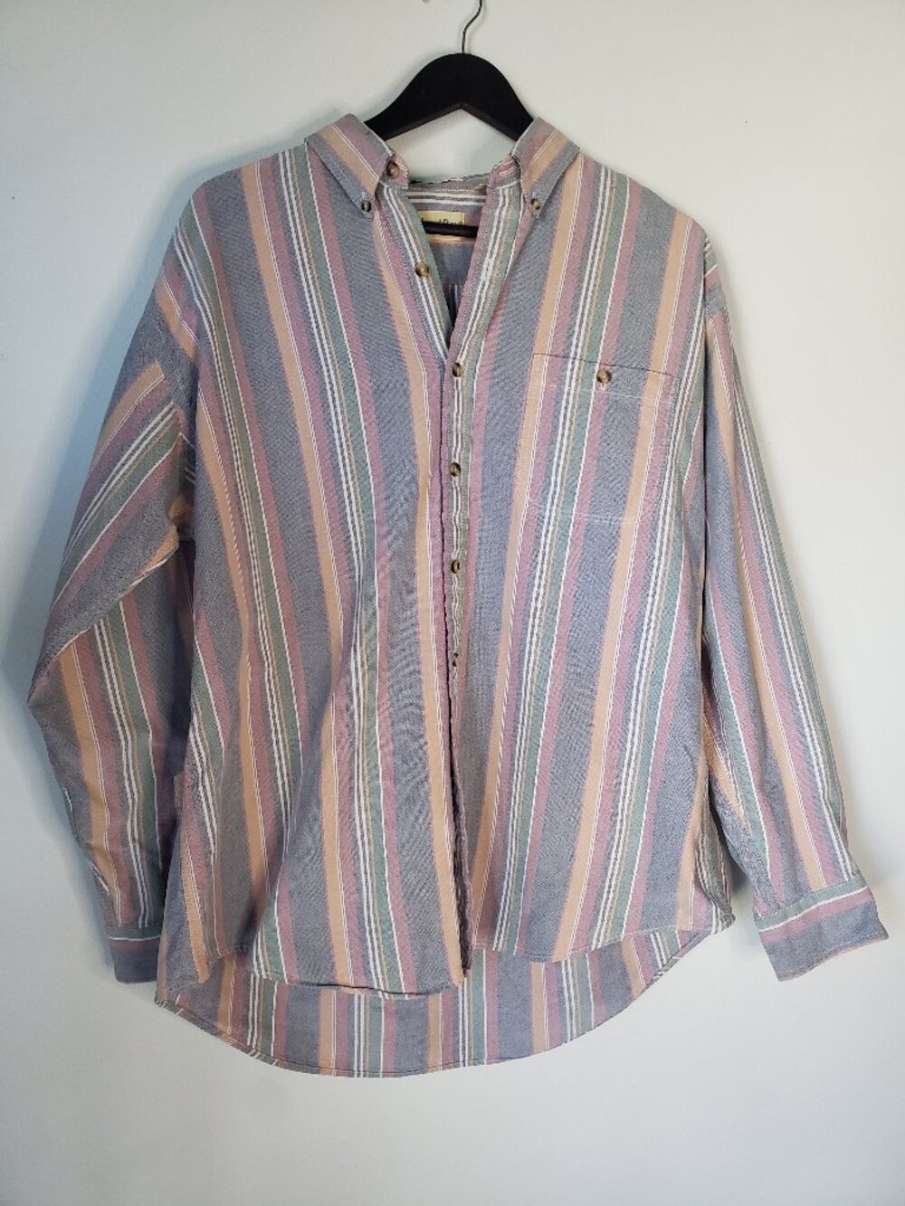 VTG St. John's Bay 90s Pastel Pink Blue Vert Striped Button Up Dress Shirt XL
